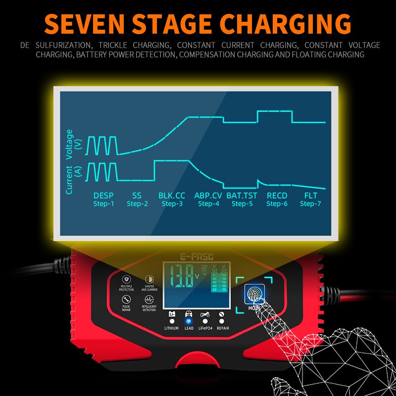 12V 24V Car Battery Charger LCD Display Lead-acid AGM GEL& Lithium LiFePO4 Battery Repair