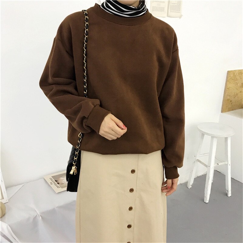 Sudaderas mujer harajuku solid sweatshirt kvinder langærmet hættetrøje løs kvinder hættetrøjer sweatshirts afslappet træningsdragt: Brun