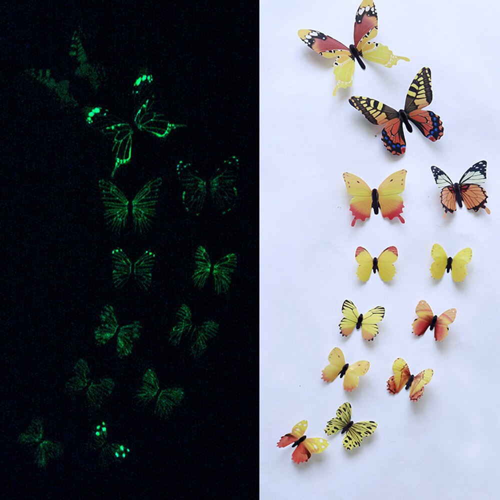 12 stk lysende sommerfugl lysende dyr klistermærke glød i mørket klistermærke fluorescerende fe månestjerner klistermærke børneværelse  z0224: Gul
