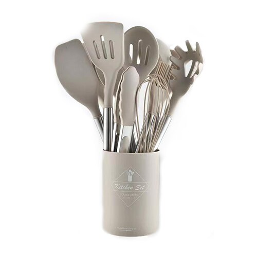 No utensilios de cocina antiadherentes de cocina espátula cuchara espátula sopa de silicona cucharillas accesorios de cocina piezas de utensilios de cocina herramienta de cocina conjunto: Khaki-A