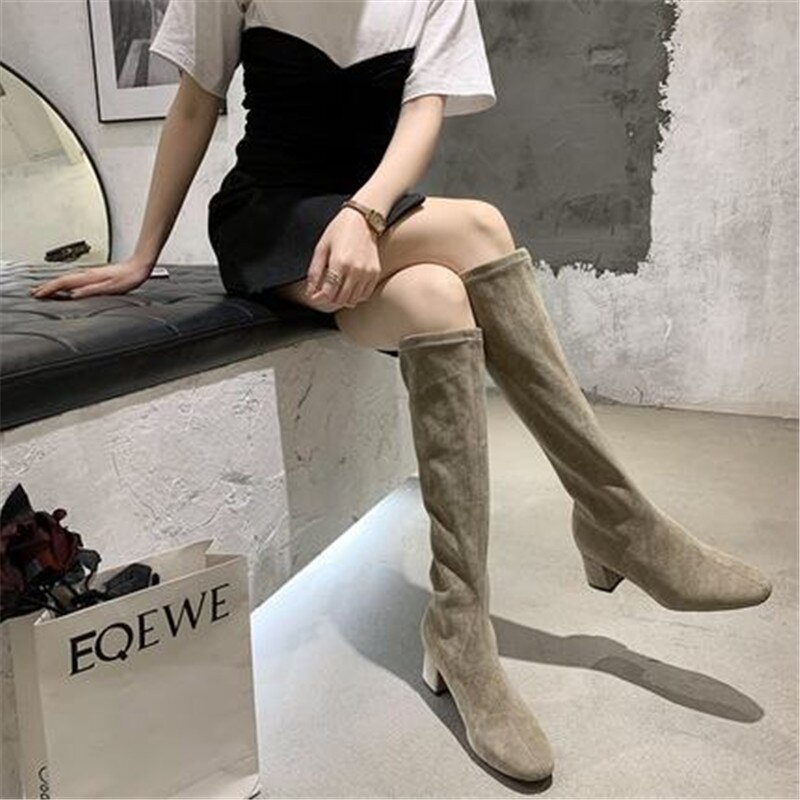 Kvinner lange støvler vårstøvler botas kvinnelige stretch flock slanke støvler sko kvinne svart grå beige roma knehøye støvler
