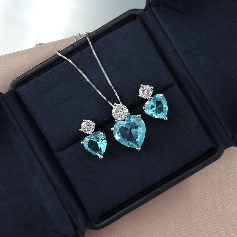 QTT Nette Herz Schmuck einstellen Luxus Paraiba Labor Diamant Halskette Ohrringe setzt Braut Hochzeit Partei Schmuck-einstellen Für Frauen: 1einstellen