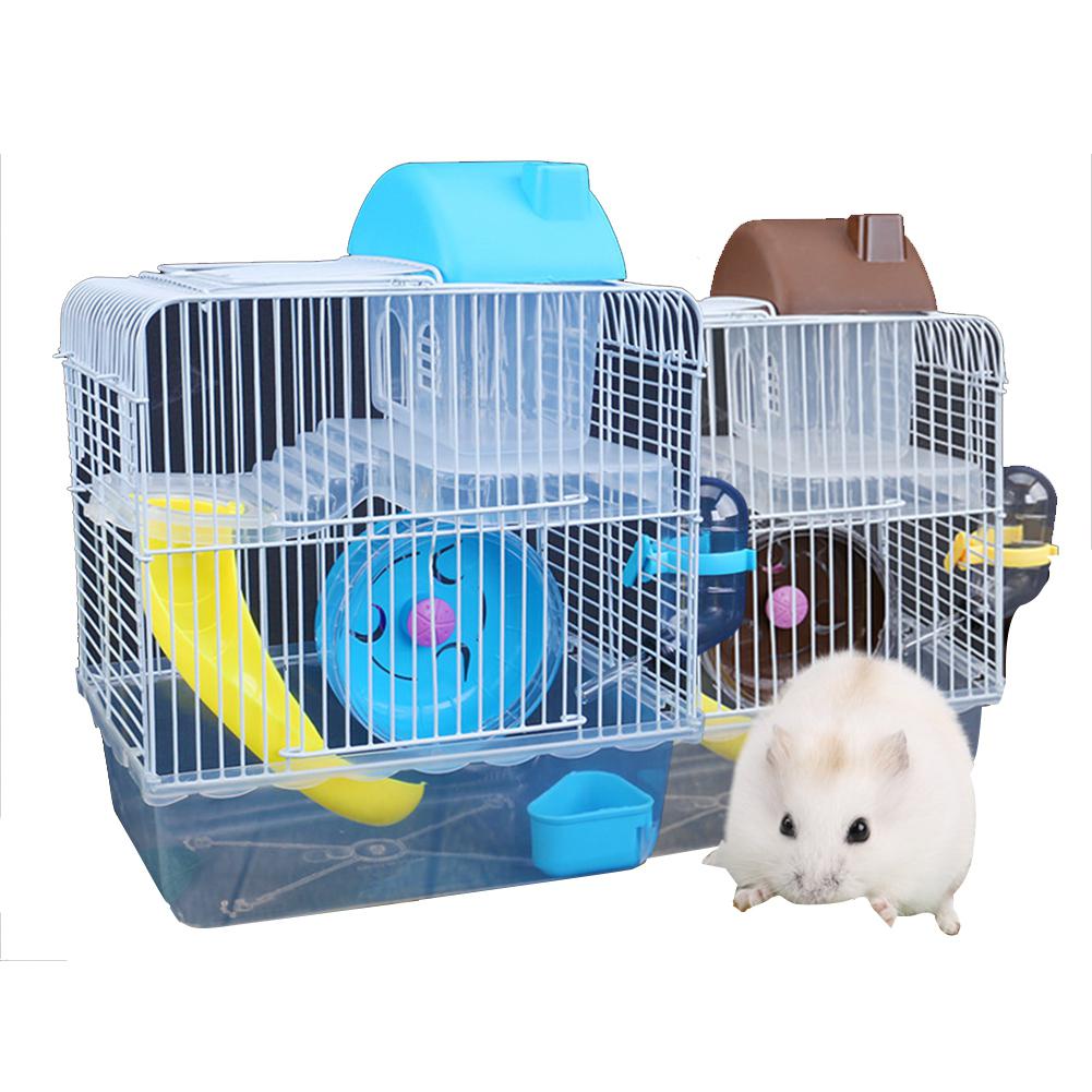 Double Layer Villa Shape Iron Wire Cage with Feeding Bowl Running Wheel Slide Toy for Pet Hamster 23 * 17 * 28 Cm