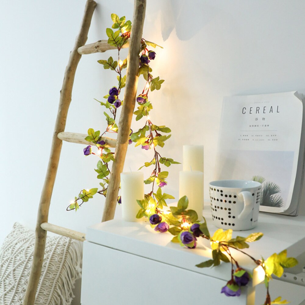 Fe blomst blad guirlande snor lys kobbertråd 2m 20 led aa batteridrevet bryllup jul skov fest indretning lampe