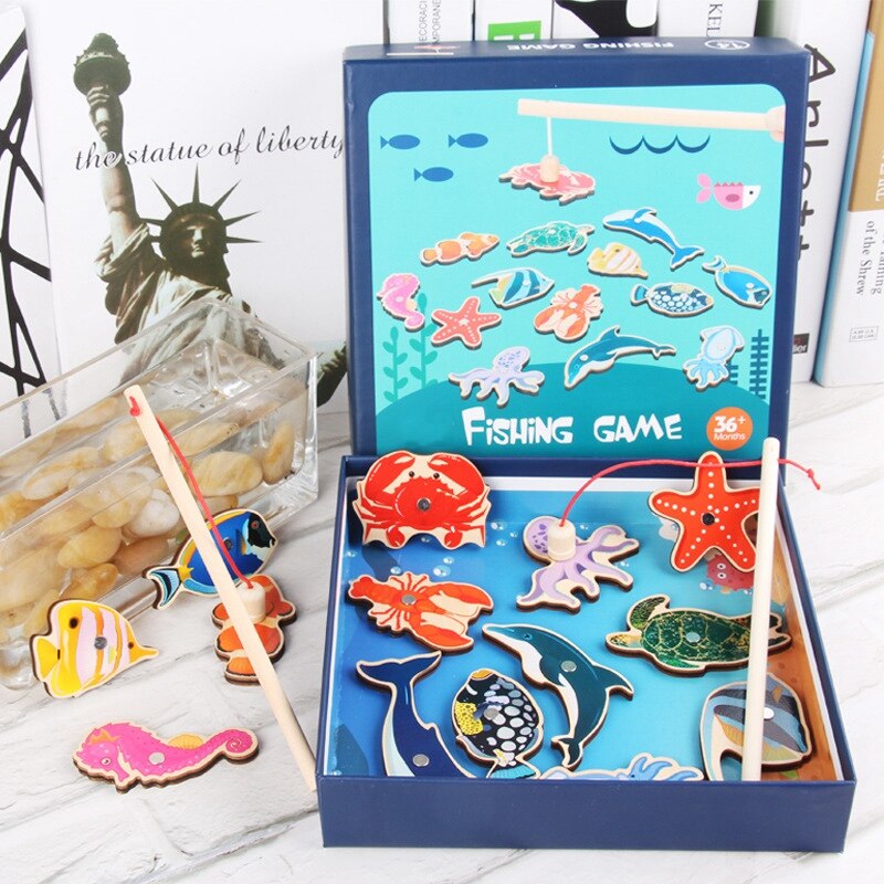 Vissen Spel Houten Marine Dier Vissen Speelgoed Magnetische Fishing Game Toy Houten Marine Dier Vissen Speelgoed Voor Kinderen