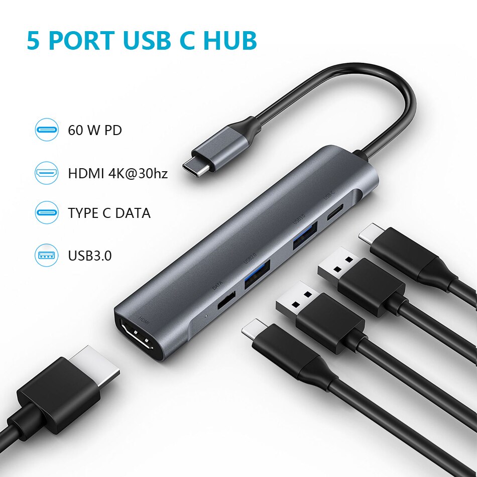 Usb C Hub Type C Adapter Naar Hdmi 4K Usb 3.0 3.5Mm Jack Hoofdtelefoon Pd 60W Type C Docking Station: WITH DUAL TYPEC
