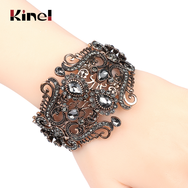 Kinel Vintage Indian Wide Gray Crystal Flower Cuff Bangle For Women Antique Gold Spring Bracelet Turkish Wedding Jewelry