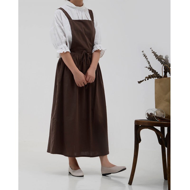 Japanese Apron Pinafore Dress Korean Work Gown Apricot with Long Waist Tie for Women Kitchen Cooking Baking Robe TJ3648