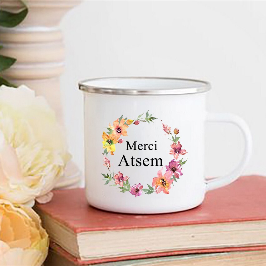 Merci atsem blomma tryck muggar kaffe te koppar drycker vatten mjölk kopp emalj mugg skolhandtag drinkware atsem: Xh10034-a015wh-8