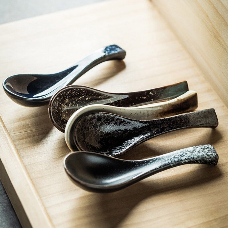 Japanese Retro Small Soup Rice Spoon Porcelain Coffee Spoons Mini Kitchen Ceramic Tea Sugar Dessert Ice Cream Spoon Flatware