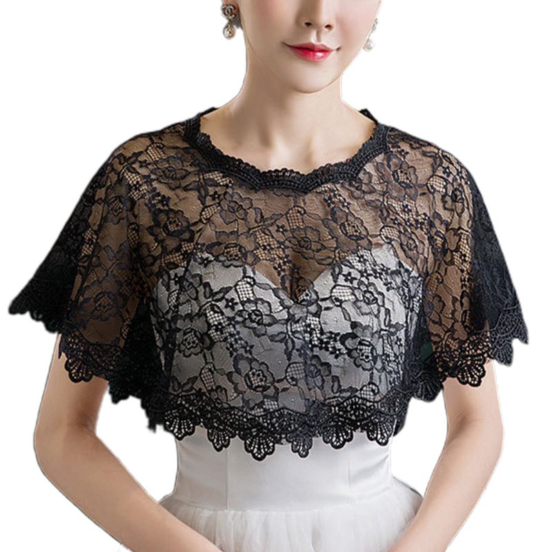 Femmes broderie dentelle florale Cape mariage mariée bal châle haussement d'épaules couverture U90E: Black