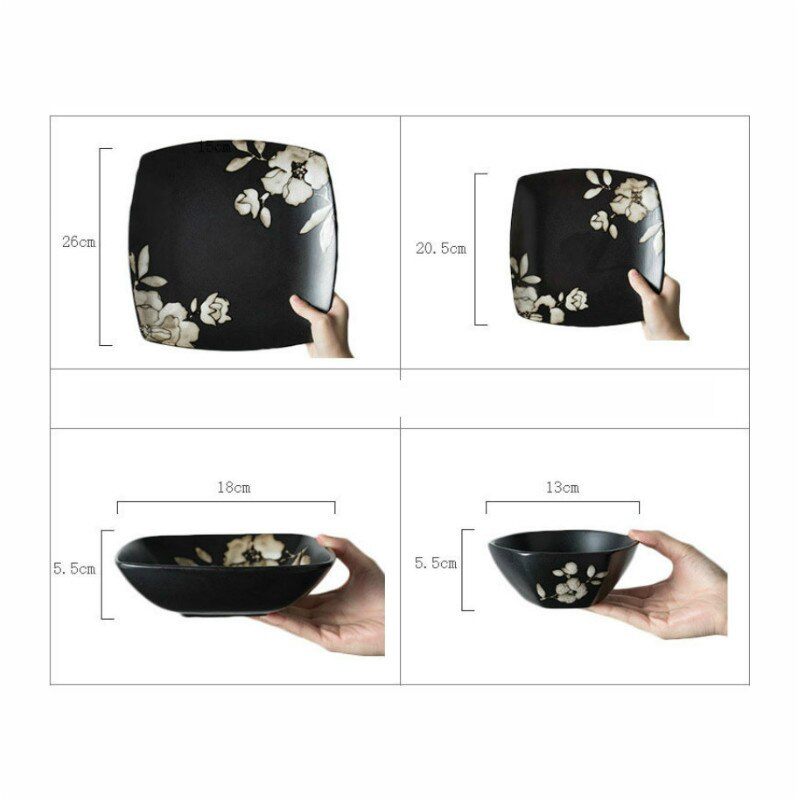 Ceramic Breakfast Plates Food Dish Dinnerware Black Hibiscus Flower Mug Dessert Fruit Snack Plate Cutlery Bowl Flatware