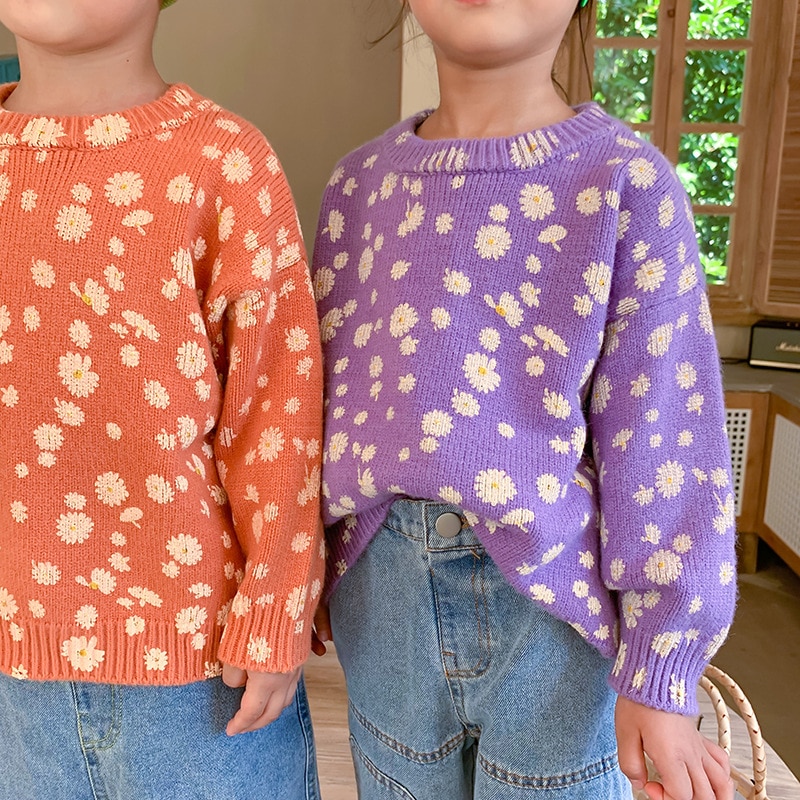 Herfst Winter Kinderen Mode Daisy Drukte Lange Mouw Truien Jongens Meisje Warm 4 Kleuren Gebreide Trui