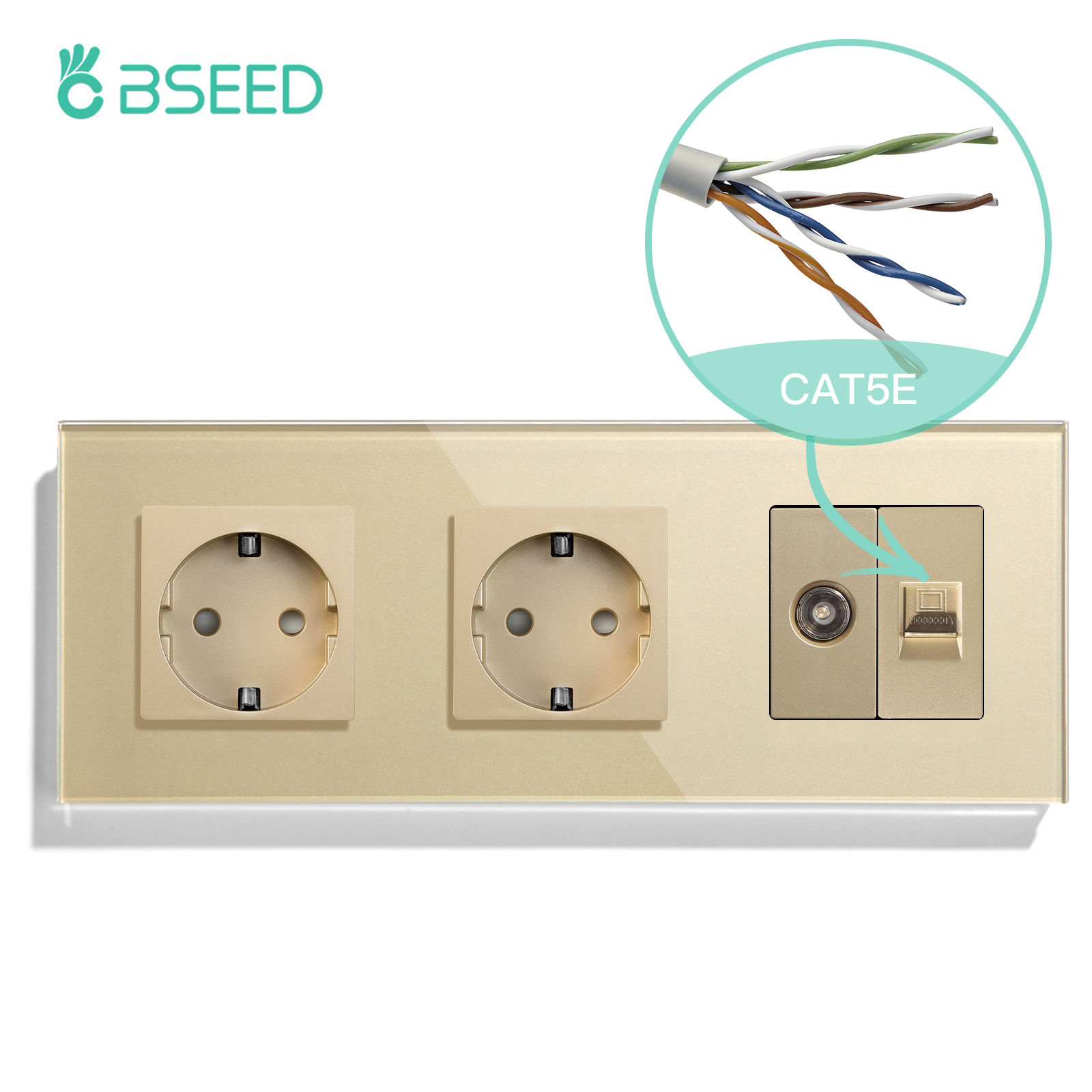 BSEED TV CAT5 With EU Socket Double Wall Sockets TV Internet RJ45 PC Connections Type-c USB Electric Sockets Glass Frame: TYPE2