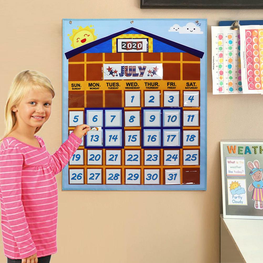 Monthly Calendar Pocket Chart with 37 Clear Pockets Teaching Calendar English Calendar Hanging Bag for Home Classroom