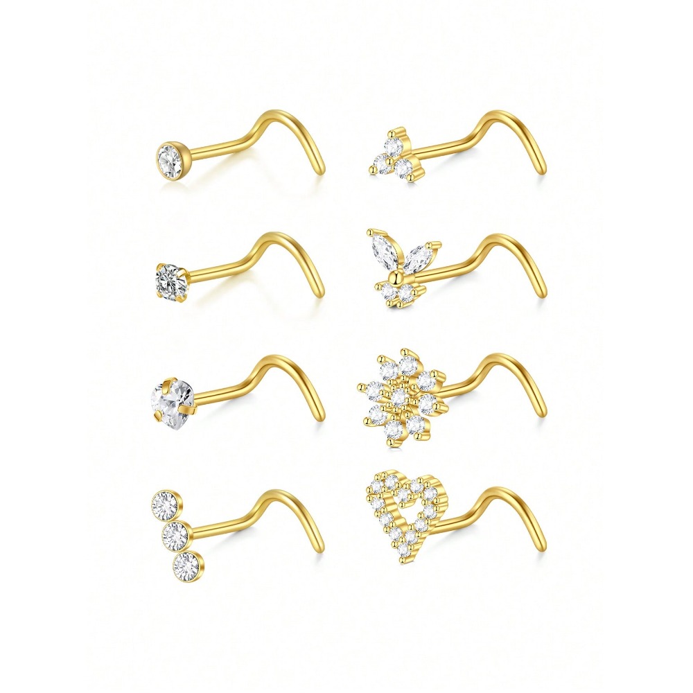 8Pcs/Set Nose Studs Rings For Women 18G 20G Corkscrew L Shaped Nose Screw Studs Nose Rings Studs Surgical Steel Nostril Nose Pie: ROSE GOLD COLOR