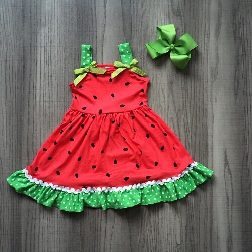 Baby jenter sommerkjole jenter frukt vannmelon rød og grønn kjole søt kjole med sløyfe: 6