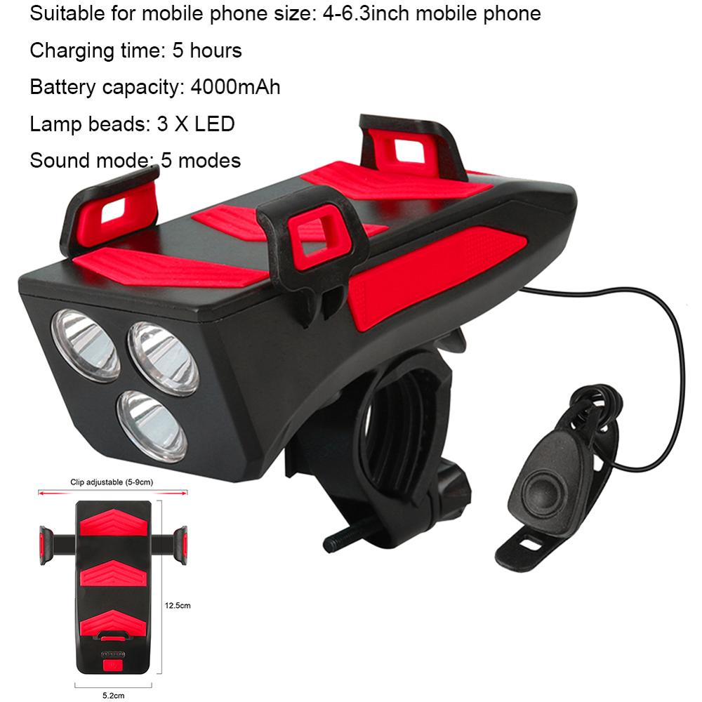 Multifunctionele 4 In 1 Fiets Licht 400 Lumen Fiets Zaklamp Fiets Hoorn Telefoon Houder Power Bank Fiets Front Light: Red 4000mAh