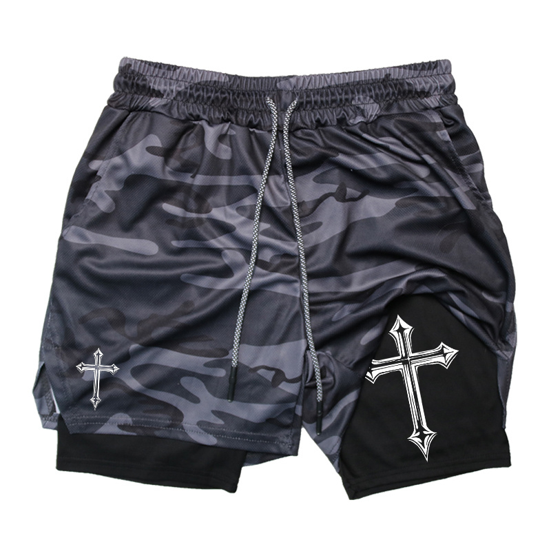 Cross Print 2 in 1 Workout Running Shorts for Men Christian Gym Athletic Shorts with Compression Liner Phone Pocket Towel Loop: M / Ivory