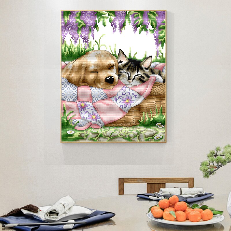Sleeping cats and dogs DIY animal pattern cross stitch 14CT 11CT embroidery kits count canvas fabric needlework set home decor