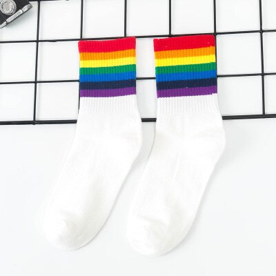 Grappige Leuke Regenboog Gestreepte Sokken Meisjes Katoen Losse Crew Sokken Kleurrijke Vrouwen Kid Harajuku Retro Kerstcadeau Sokken: White 2