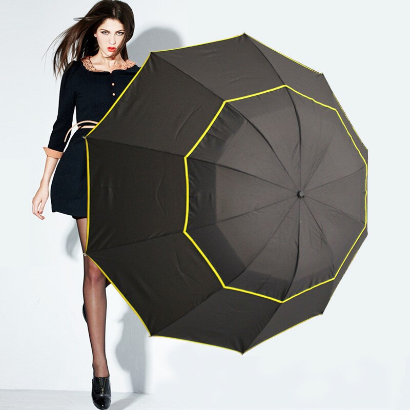 130cm Double Wind Resistant Umbrella Rain Woman Windproof 3Folding Umbrellas Men Outdoor Family Travel Business Large Paraguas: Black