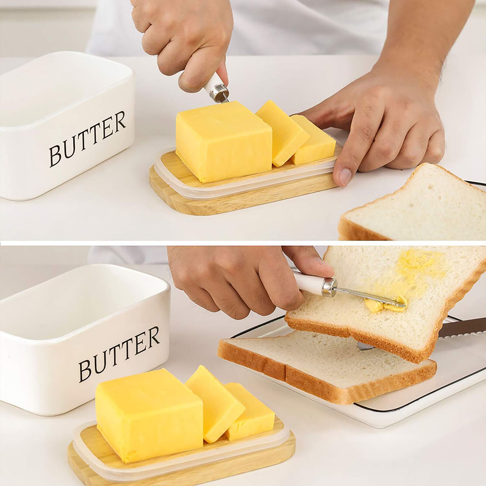 Nordic Butter Sealing Box Container Ceramic Butter Plate With Wood Lid And Knife Cheese Storage Tray Butter Dish Container Box