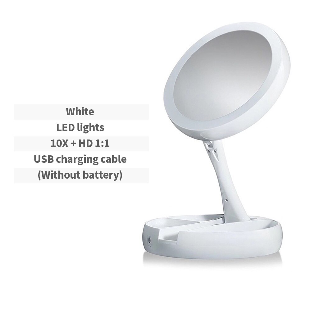 Foldable Makeup Mirror With LED Light 1X10X Magnifying Double-Sided Mirrors USB Charging or Battery Dressing Table Mirror espejo: 1X with 10X