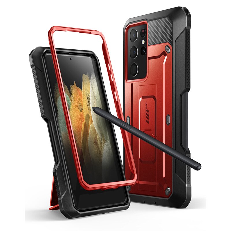 Supcase Voor Samsung Galaxy S21 Ultra Case 5G Release) ub Pro Full-Body Dual Layer Robuuste Holster Kickstand Met S Pen Slot: Red