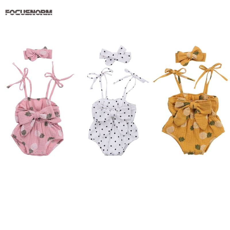 Focusnorm 0-24M Jongens Meisjes Bodysuits Hoofdband 2Pcs Bloemen/Polka Dot Print Mouwloze Strik Riem Jumpsuits