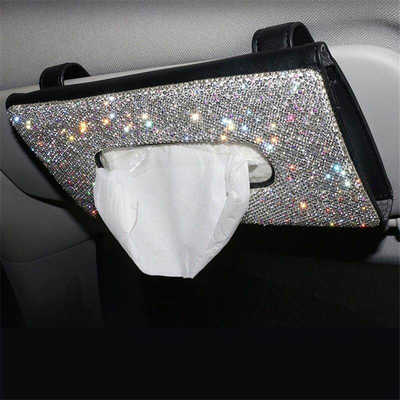 Crystal Diamond Car Tissue Box for Sun Visor Auto Hanging Tissue Box Crown Sunshade Case Auto Car Accessories: black white