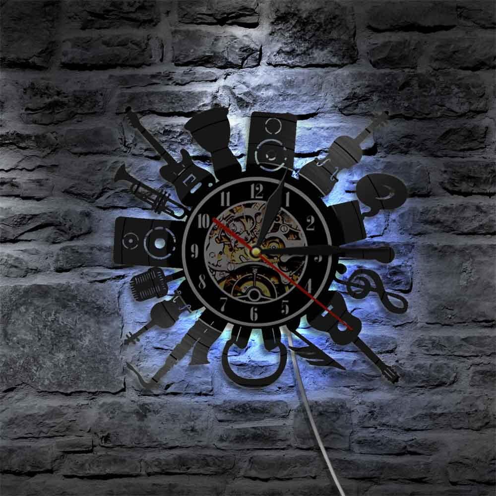 Acoustic Electric Guitar Wall Clock Punk Rock n Roll Heavy Metal Music Vinyl Record Wall Clock with LED Light Music Band