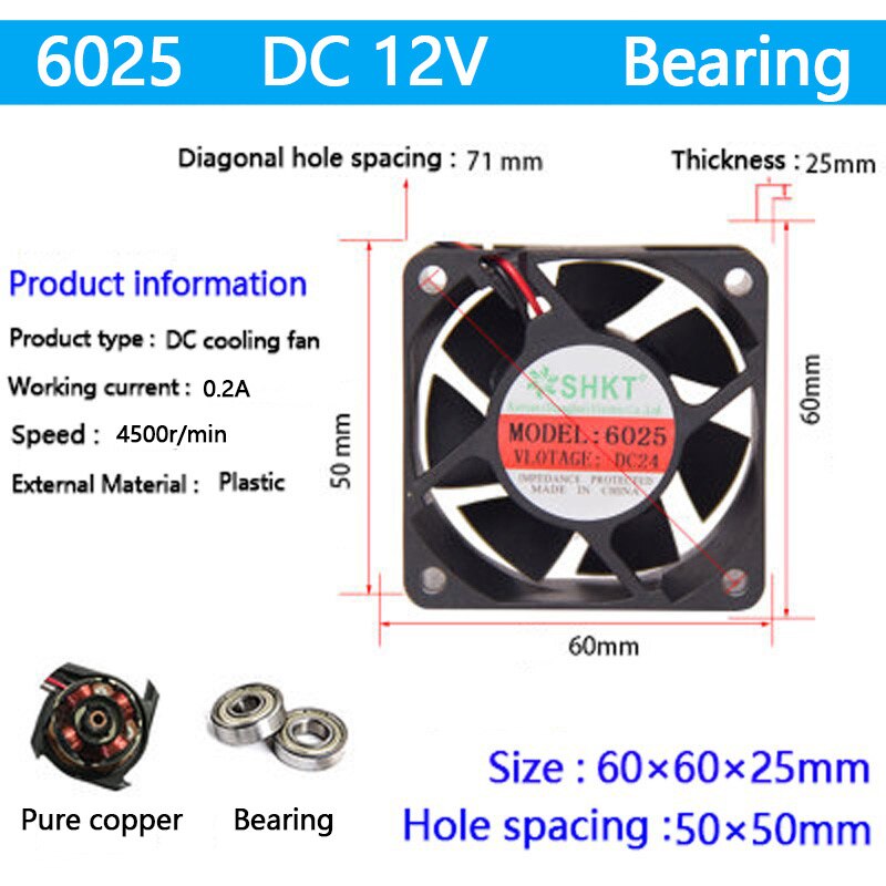 WINSINN DC 60mm ventilator 24V 6015 dubbele kogellagers 24 volt borstelloze koeling 60 x 15 mm 2PIN (verpakking van 4