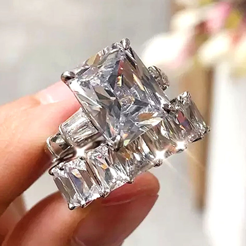 Huitan Luxe Trendy Vierkante Zirconia Promise Ringen Voor Vrouwen 2 Stuks Set Zilver Kleur/Goud Kleur Trouwringen Sieraden: 9 / Black