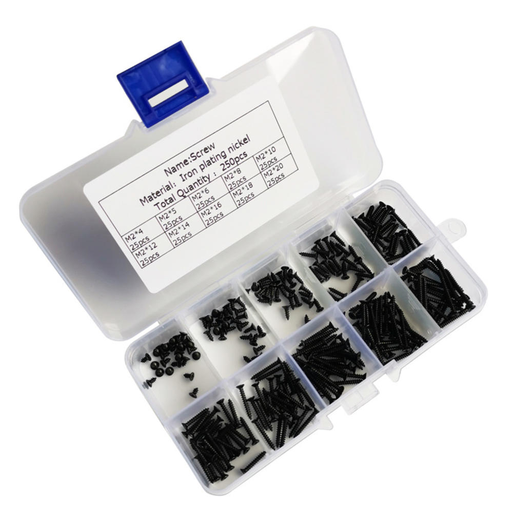 250Pcs M2 Stainless Steel Self Tapping Wood Screw Assortment Kit Lock Nut Wood Flat Head Thread Nail Screws Fastener Sets