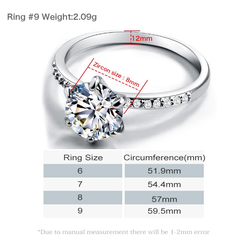 BICUX Klassische Engagement Ring 6 Claws AAA Weiß Cubic Zirkon Weibliche Frauen Hochzeit Band Ringe Schmuck