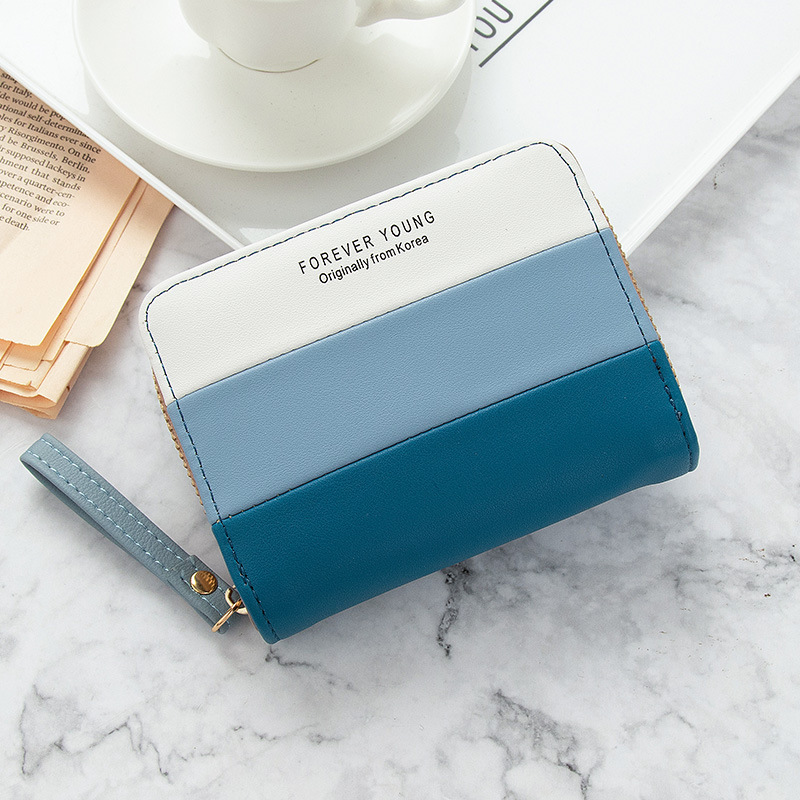 Geestock Short Wallet Women Zipper Purse Patchwork Wallets Coin Purse Multiple Card Slots Credit Card Holder PU Leather: Blue