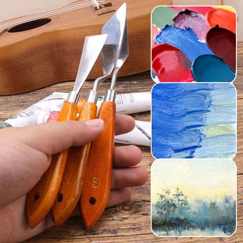 3 unids/set paleta cuchillo mezclar aceite de pintura de acero inoxidable rascador espátula arte suministros para artista herramienta de pintura conjunto