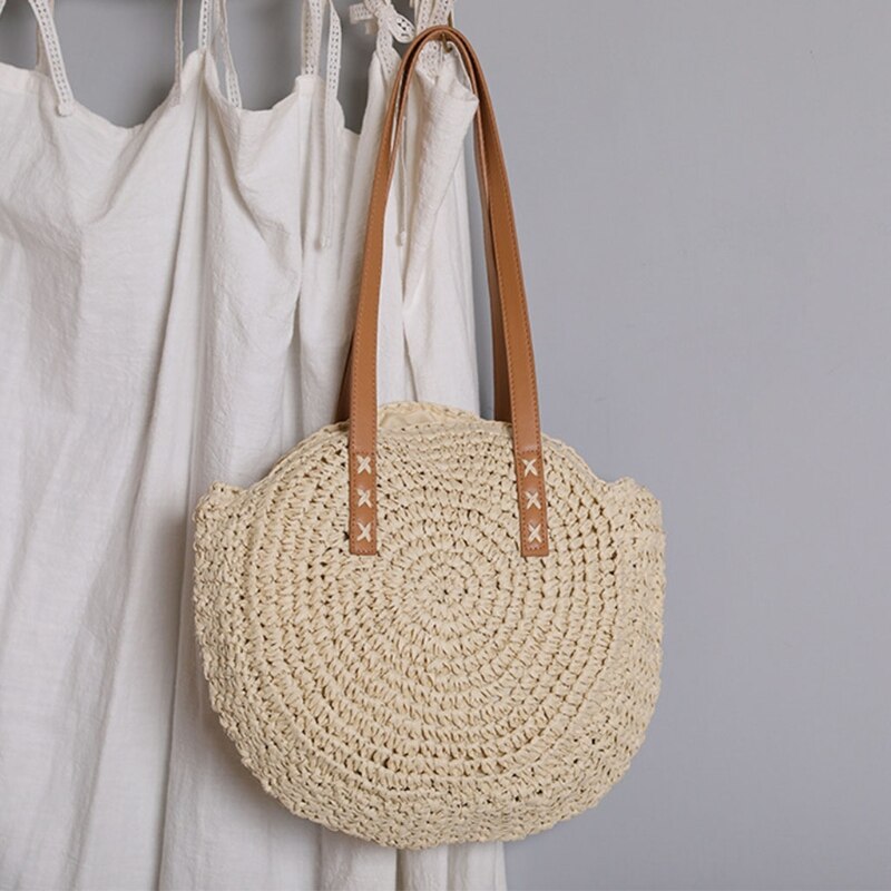 Round Straw Beach Bag Vintage Woven Shoulder Bags Rattan Bohemian Summer Vacation Casual Handbag for Women Girls: Beige