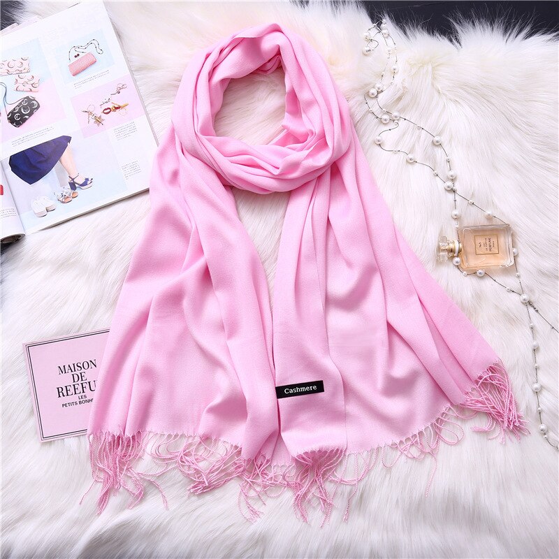 Effen Rood Roze Zwarte Vrouwen Sjaal Lente Herfst Hijaabs Kwasten Dunne Dame Sjaals Kasjmier Zoals Acryl Moslim Sjaals Wraps Stola