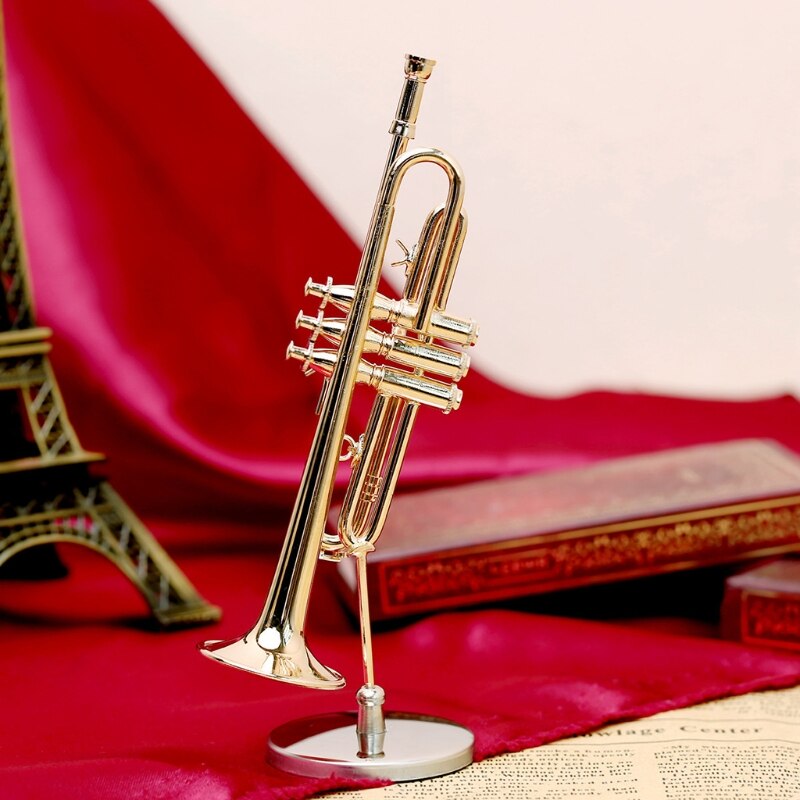 Mini Trombone Trompet Saxofoon Koperen Vergulde Model Ornament Met Stand &amp; Box Voor Miniatuur Musical Woondecoratie