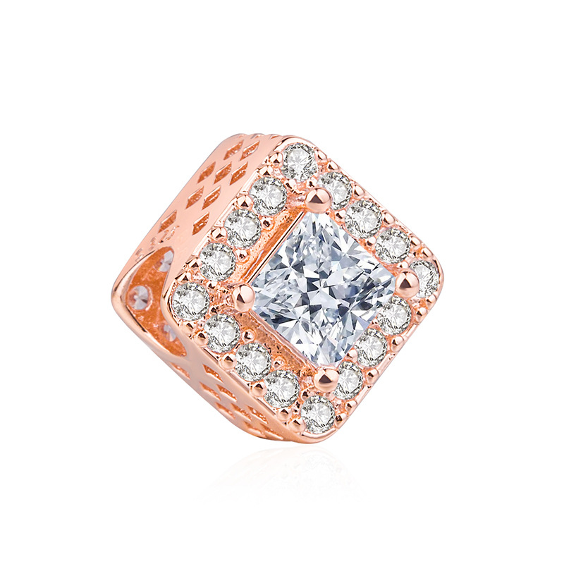 Echt 925 Sterling Zilveren Kralen Rose Goud Vierkante Kristal Kralen Fit Charm Armbanden &amp; Ketting Vrouwen Diy Sieraden
