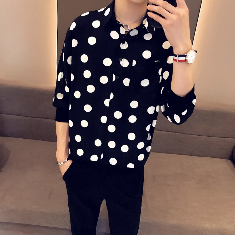 Summer Dress Shirt Men Slim Dot Print Sleeves Casual Shirt Man Streetwear British Wind Loose Short-sleeved Shirt: black / XXL