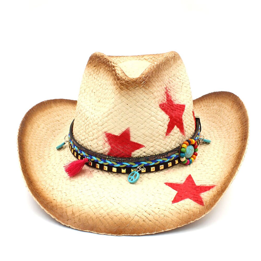 Kvinder mænd halm vestlige cowboy hat med punk blade band stjerne dame far sombrero hombre cowgirl jazz caps størrelse 58cm: C4 cas