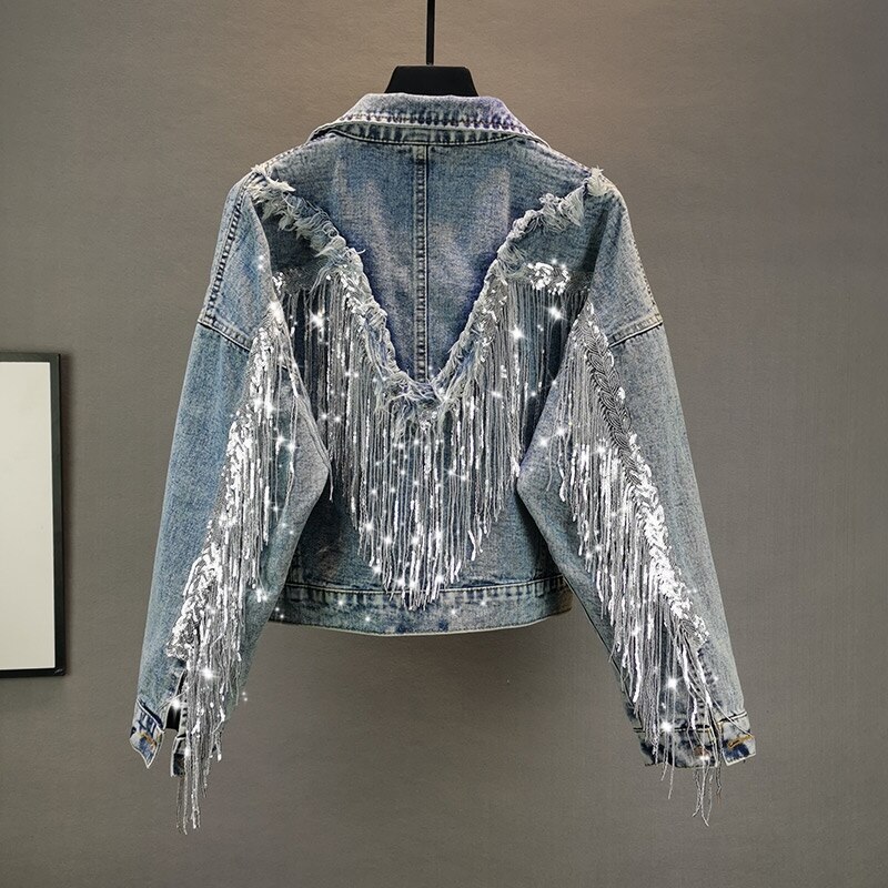 Chaqueta vaquera con Flecos para mujer, pantalón corto, suelto y delgado, Top ajustado, chaquetas con Flecos brillantes, traje de Rave