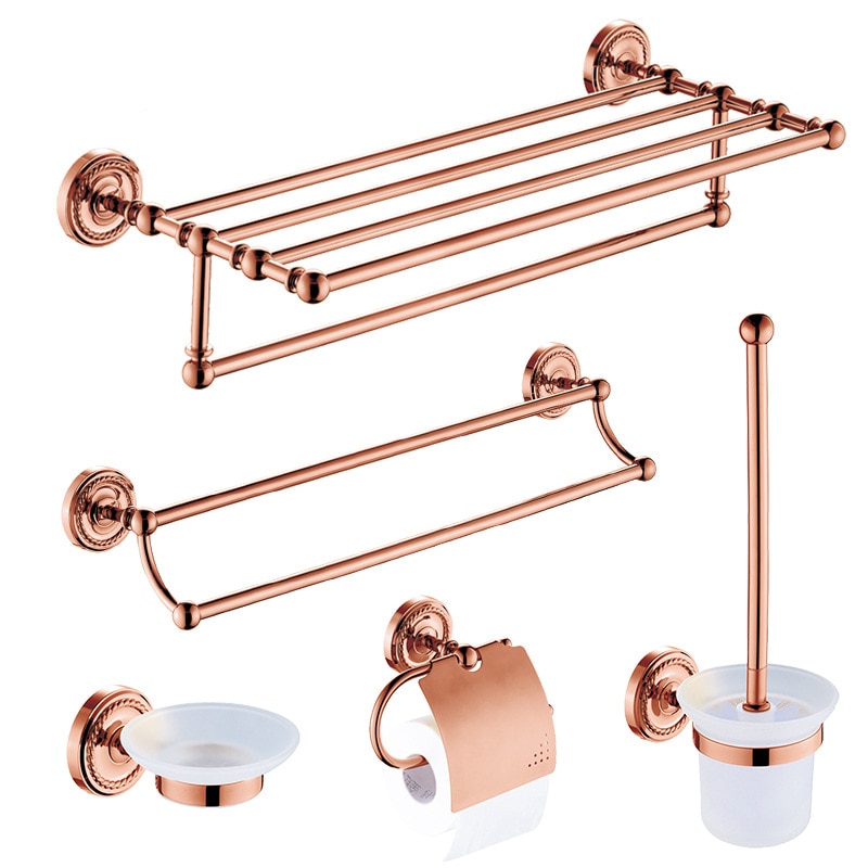 Toiletrolhouder Gepolijst Jas Haak 2 Pcs Antiek Rose Gold Brass Handdoekring Wall Mounted Robe Hook Badkamer Accessoires set