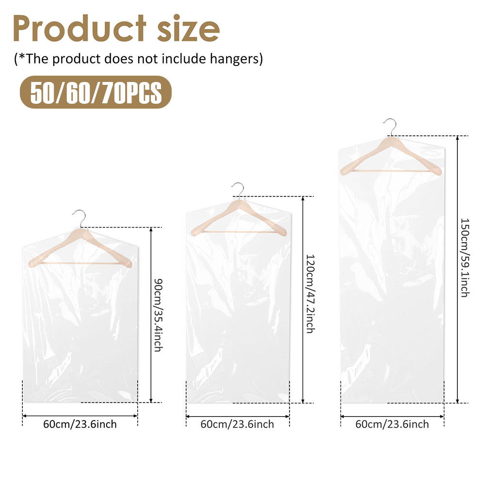 50/60/70 Pcs Clear Garment Dust Bags Plastic Clothes Hanging Protector Bags Waterproof Dry Cleaning Bags for Dry Cleaner Storage: 200*360cm