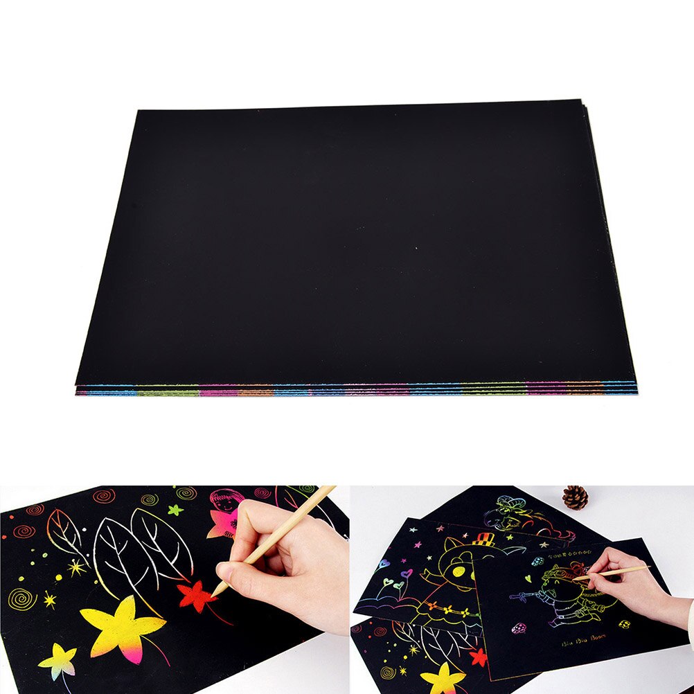 5Sheets 16K Kleurrijke Scratch Lakens Met Houten Pen Art Magic Tekening Schilderen Papier Kids Toy Briefpapier Art sets