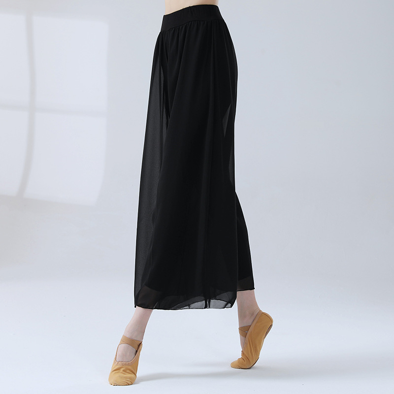 Culottes in chiffon da danza classica per donna Pantaloni a gamba larga a 2 strati Danza moderna Pratica fluida allentata costume di danza popolare cinese