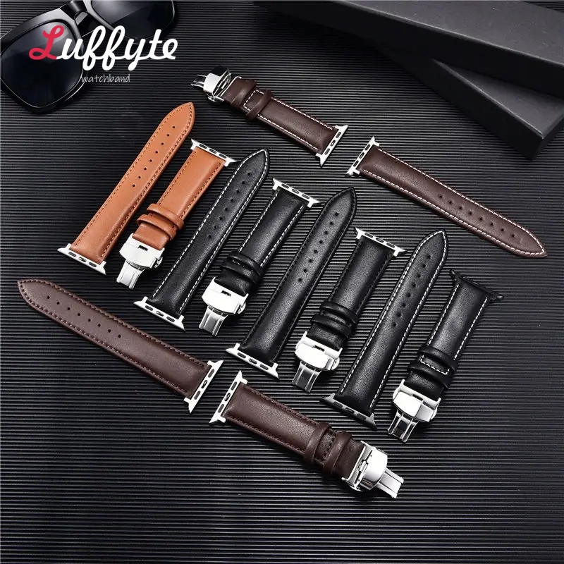 Bracelet de montre en cuir pour Apple Watch Ultra 9 8 7 6 5 4 3 avec fermoir papillon pour Iwatch 38mm 40mm 41mm 42mm 44mm 45mm 49mm bracelets